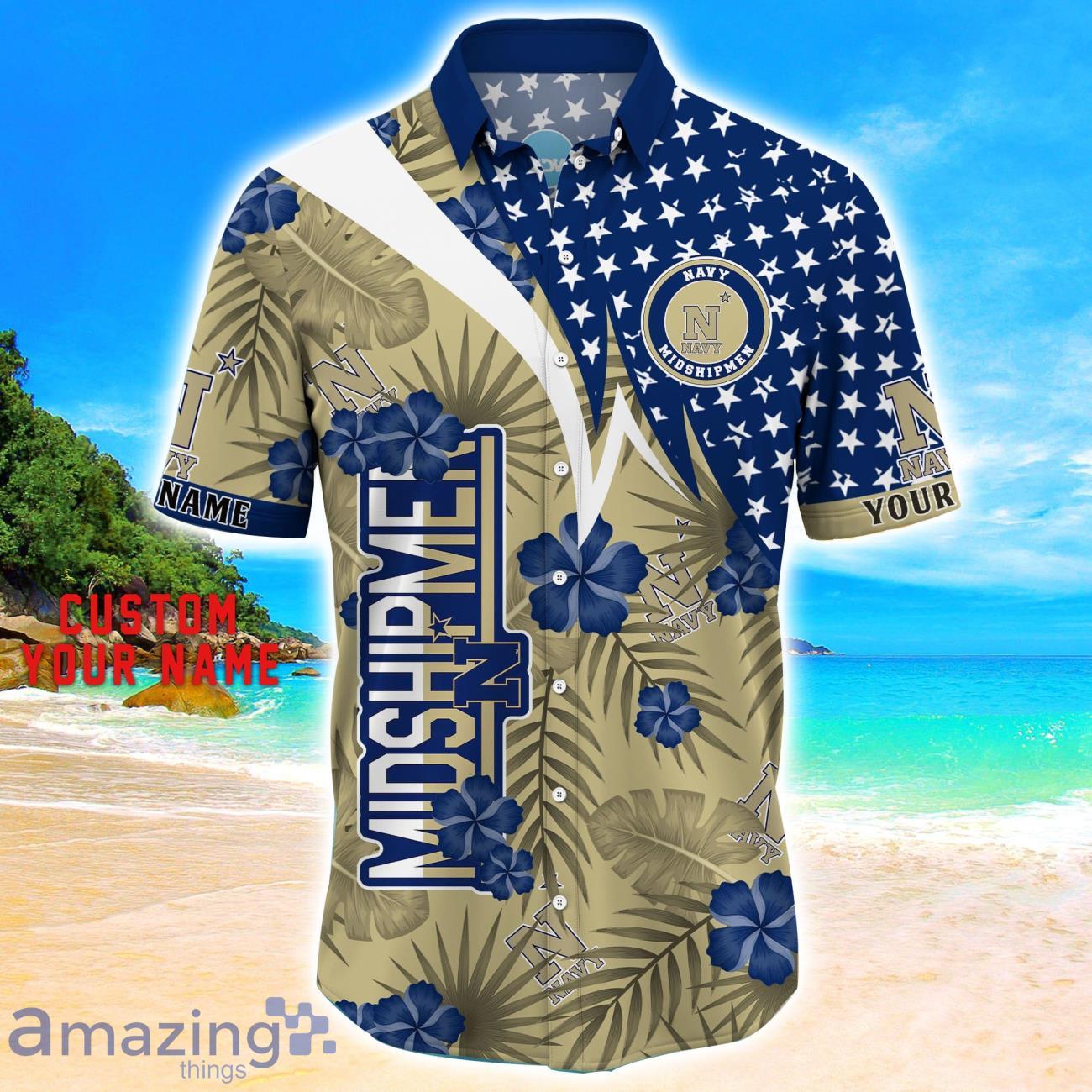 Navy Midshipmen Star Tropical Flower 3D Printed Hawaiian Shirt Personalized Name image Navy Midshipmen Star Tropical Flower 3D Printed Hawaiian Shirt Personalized Name Product Photo 2