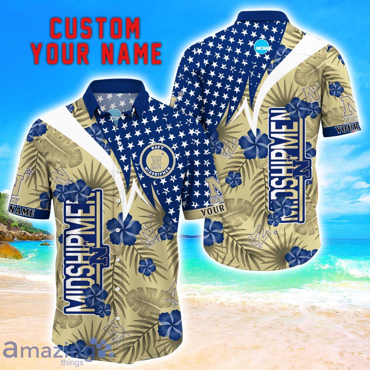 Navy Midshipmen Star Tropical Flower 3D Printed Hawaiian Shirt Personalized Name image Navy Midshipmen Star Tropical Flower 3D Printed Hawaiian Shirt Personalized Name Product Photo 1