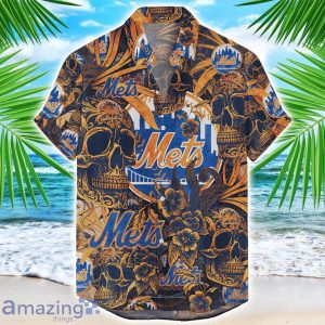 New York Mets Flower and Skull Hawaiian Shirt MLB Team Halloween Shirt Product Photo 1