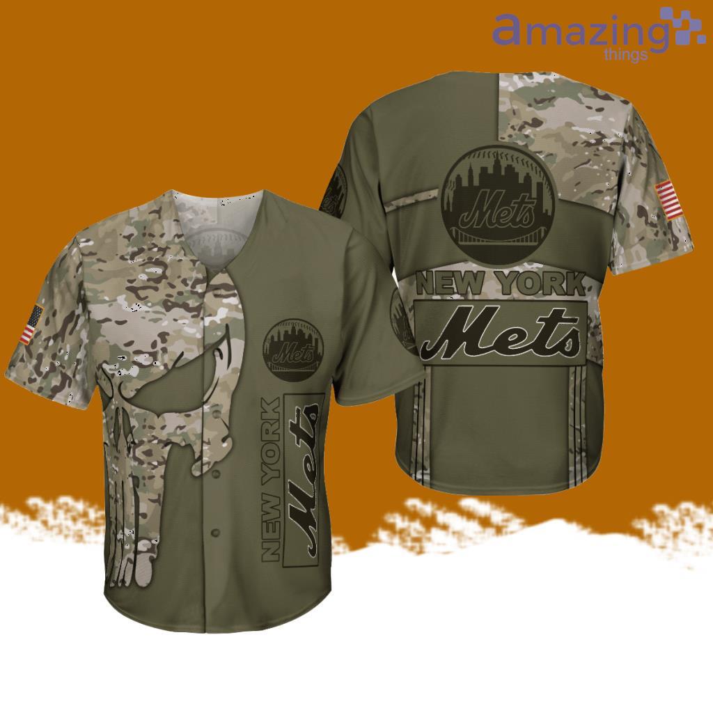 New York Mets Military Style Baseball Jersey Shirt Skull Camo Green image New York Mets Military Style Baseball Jersey Shirt Skull Camo Green Product Photo 1