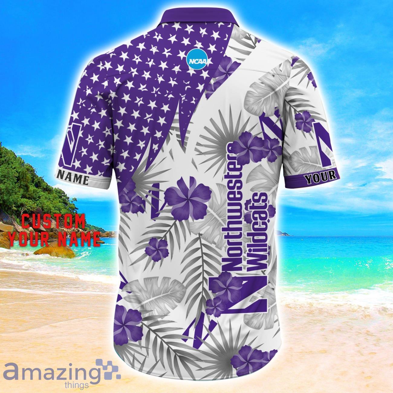 Northwestern Wildcats Star Tropical Flower 3D Printed Hawaiian Shirt Personalized Name image Northwestern Wildcats Star Tropical Flower 3D Printed Hawaiian Shirt Personalized Name Product Photo 3