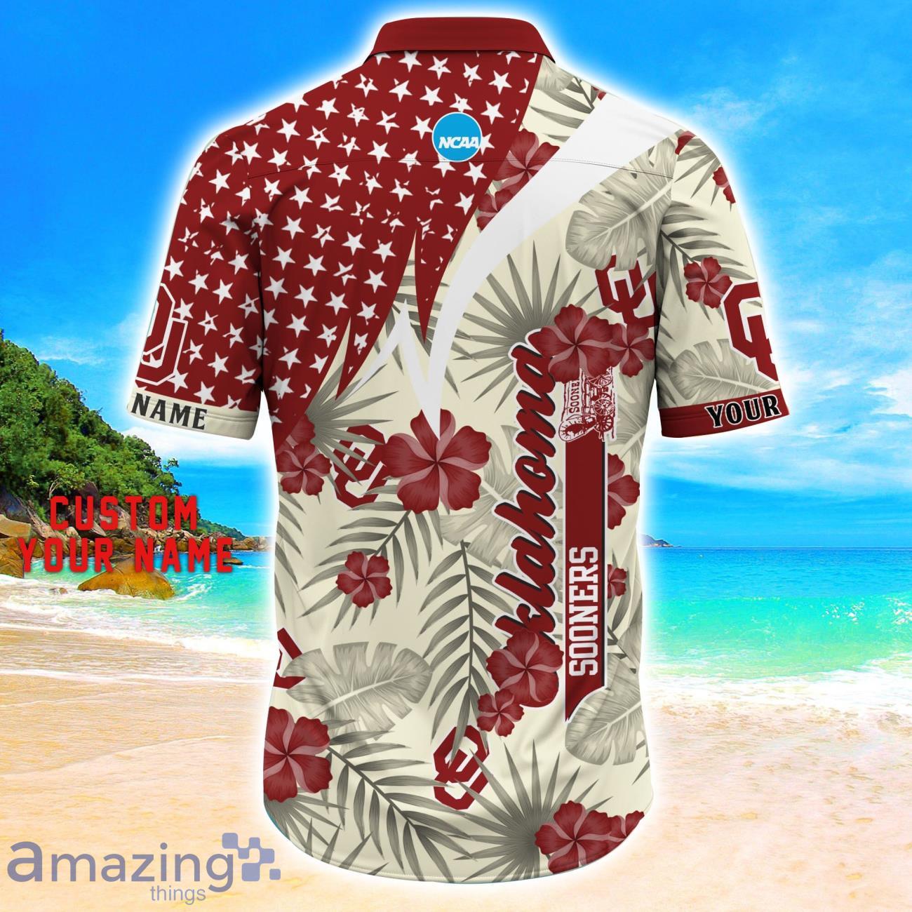 Oklahoma Sooners Star Tropical Flower 3D Printed Hawaiian Shirt Personalized Name image Oklahoma Sooners Star Tropical Flower 3D Printed Hawaiian Shirt Personalized Name Product Photo 3