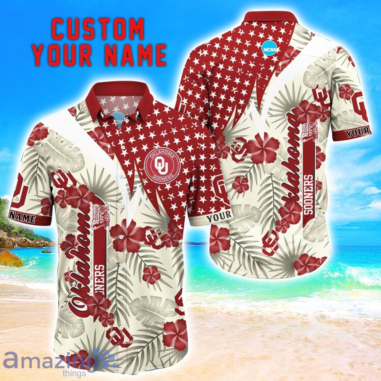Oklahoma Sooners Star Tropical Flower 3D Printed Hawaiian Shirt Personalized Name image Oklahoma Sooners Star Tropical Flower 3D Printed Hawaiian Shirt Personalized Name Product Photo 1