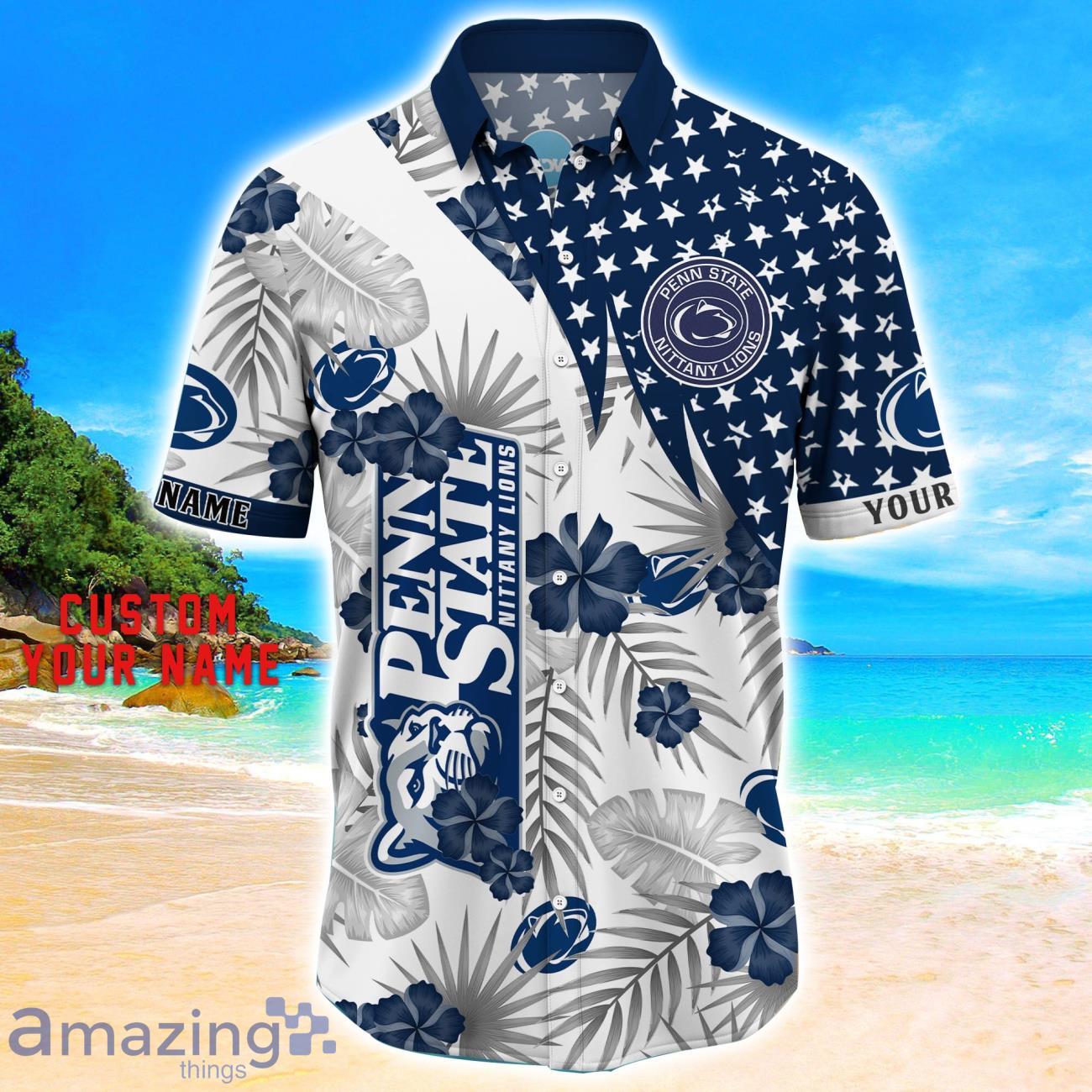 Penn State Nittany Lions Star Tropical Flower 3D Printed Hawaiian Shirt Personalized Name image Penn State Nittany Lions Star Tropical Flower 3D Printed Hawaiian Shirt Personalized Name Product Photo 2