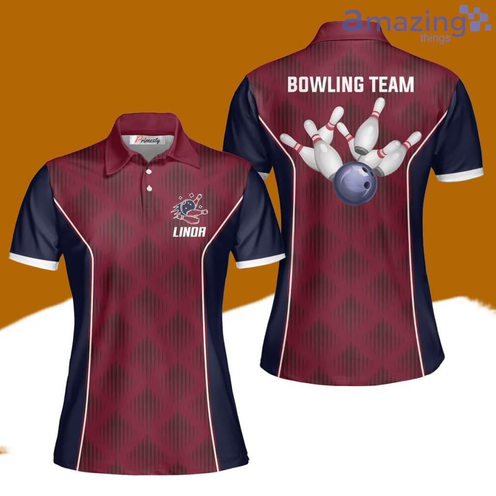 Red Navy Abstract Pattern Custom Name Bowling Polo Shirts For Women image Red Navy Abstract Pattern Custom Name Bowling Polo Shirts For Women Product Photo 1