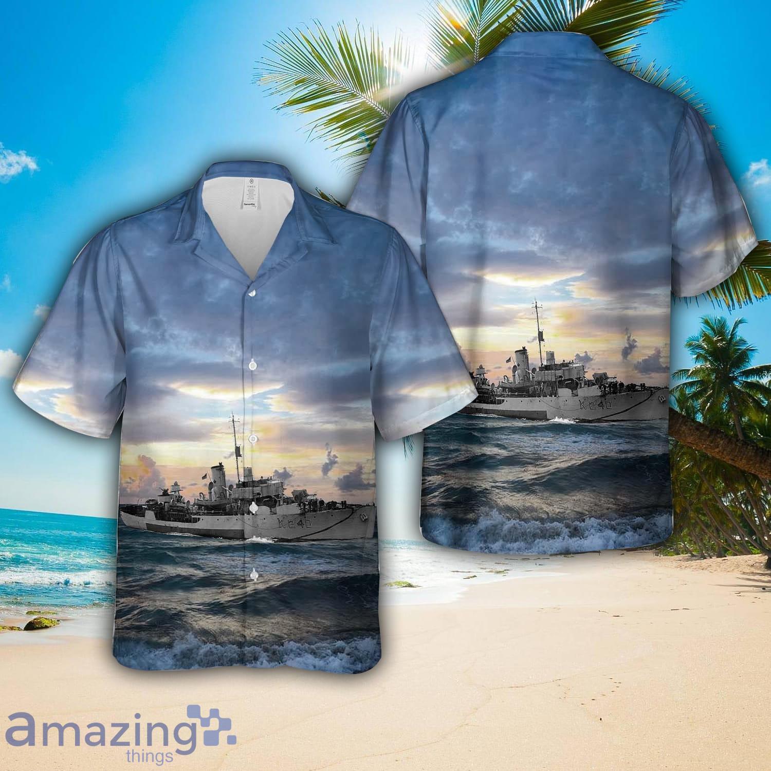 Royal Canadian Navy HMCS Vancouver (K240) Flower class corvettes In WWII Summer Hawaiian Shirt image Royal Canadian Navy HMCS Vancouver (K240) Flower-class corvettes In WWII Summer Hawaiian Shirt Product Photo 1