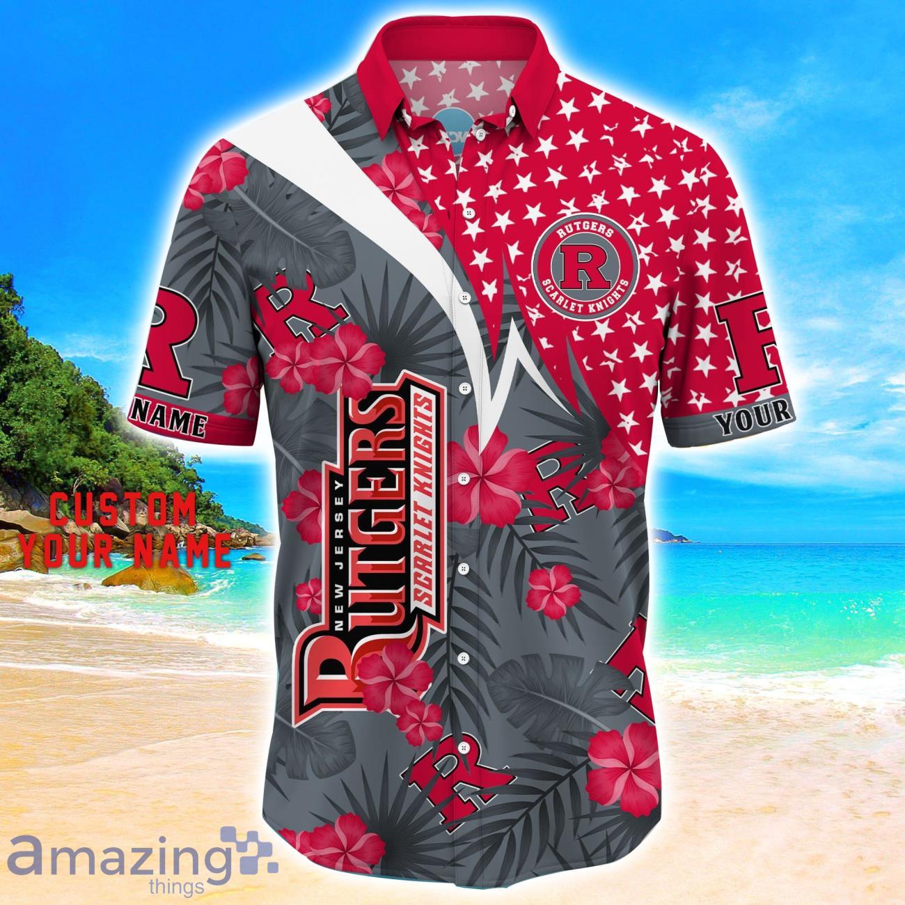 Rutgers Scarlet Knights Star Tropical Flower 3D Printed Hawaiian Shirt Personalized Name image Rutgers Scarlet Knights Star Tropical Flower 3D Printed Hawaiian Shirt Personalized Name Product Photo 2