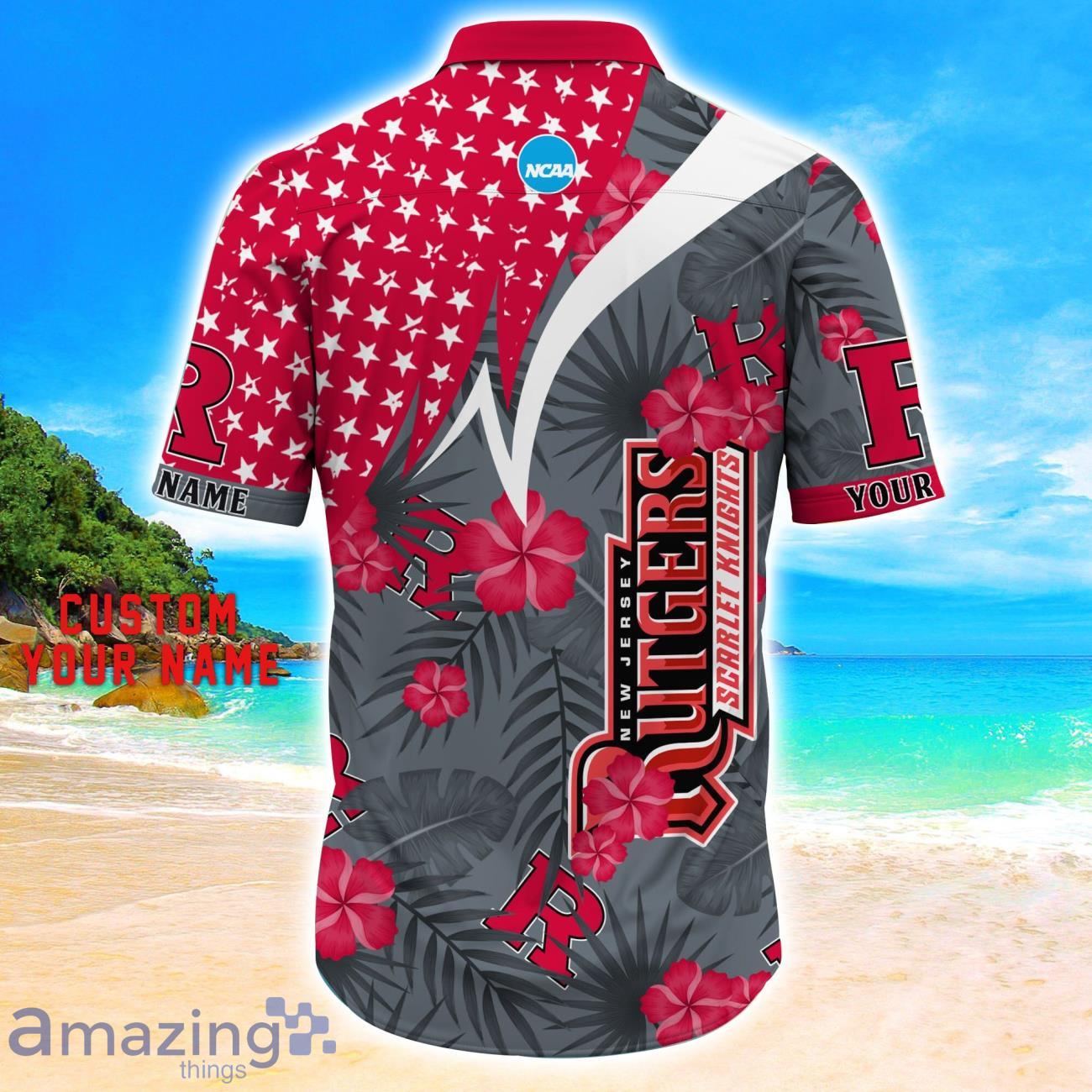 Rutgers Scarlet Knights Star Tropical Flower 3D Printed Hawaiian Shirt Personalized Name image Rutgers Scarlet Knights Star Tropical Flower 3D Printed Hawaiian Shirt Personalized Name Product Photo 3