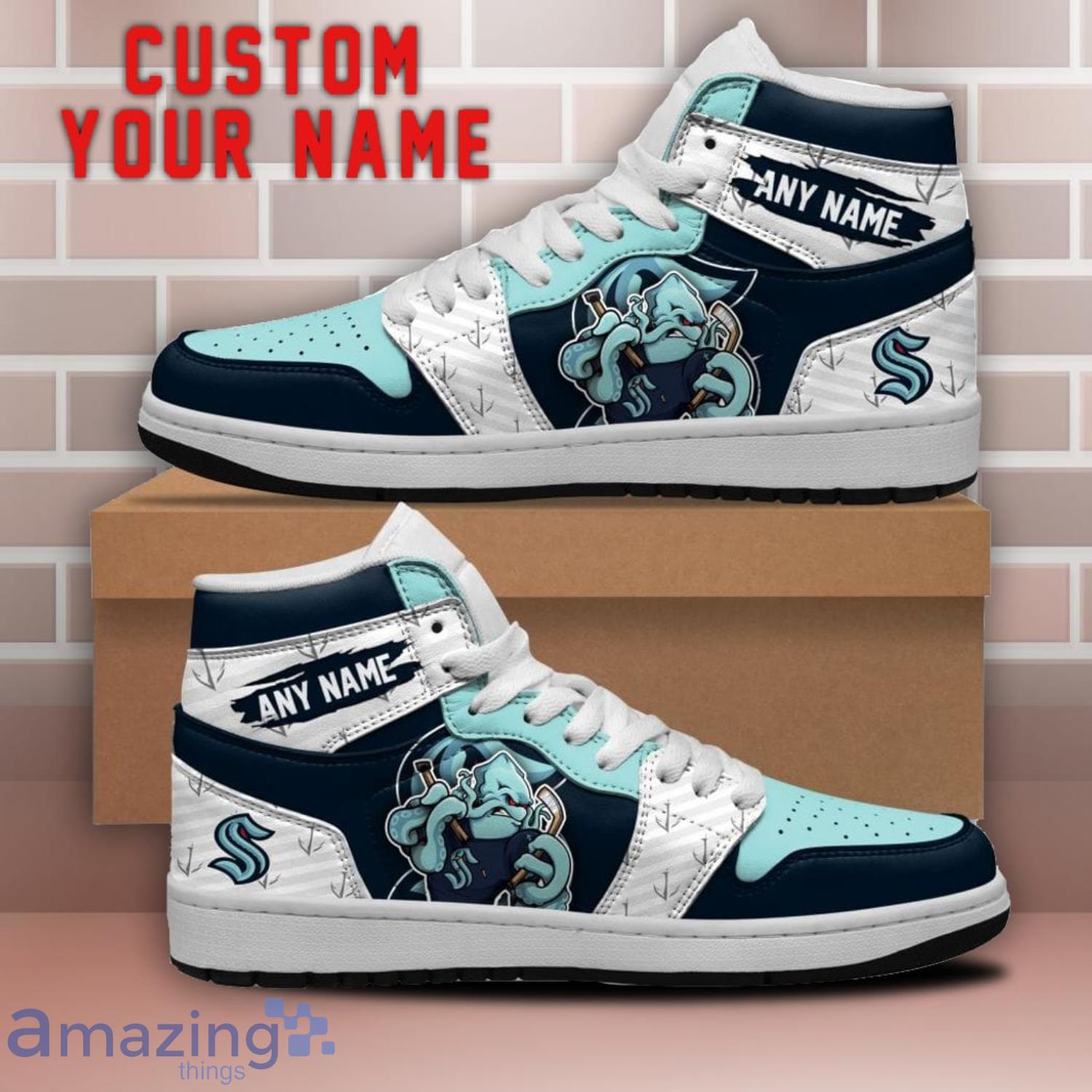 Seattle Kraken NHL Team Logo Printed Mascot Design Air Jordan Hightop Shoes Custom Name For Fans image Seattle Kraken NHL Team Logo Printed Mascot Design Air Jordan Hightop Shoes Custom Name For Fans Product Photo 1