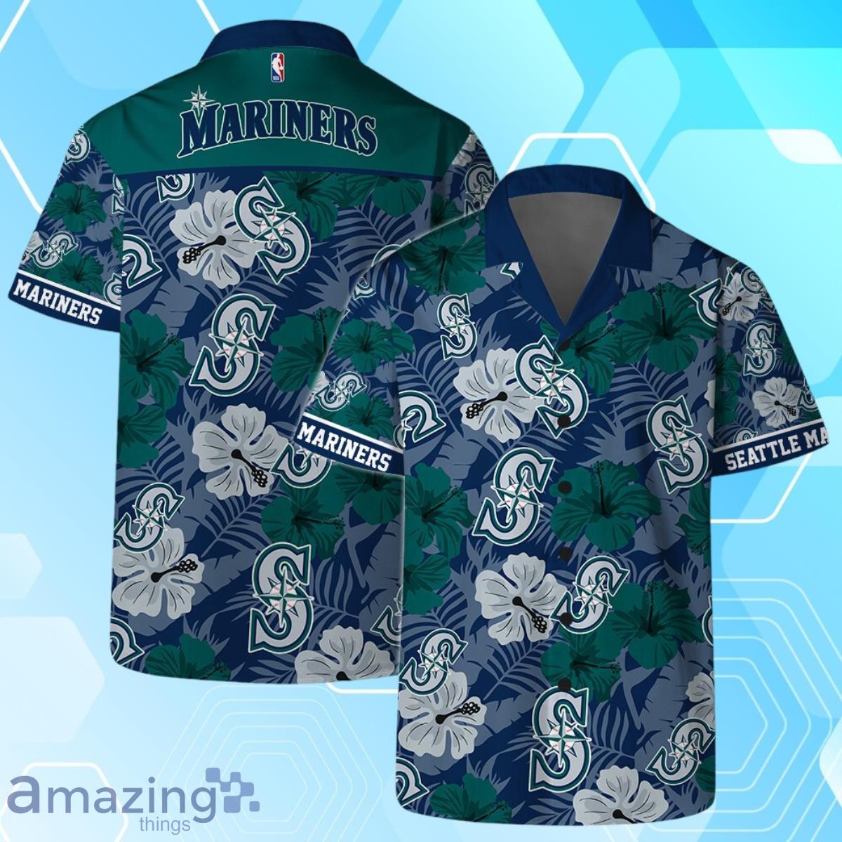Seattle Mariners MLB Team Logo Hawaiian Shirt And Short Vintage Pattern image Seattle Mariners MLB Team Logo Hawaiian Shirt And Short Vintage Pattern Product Photo 1