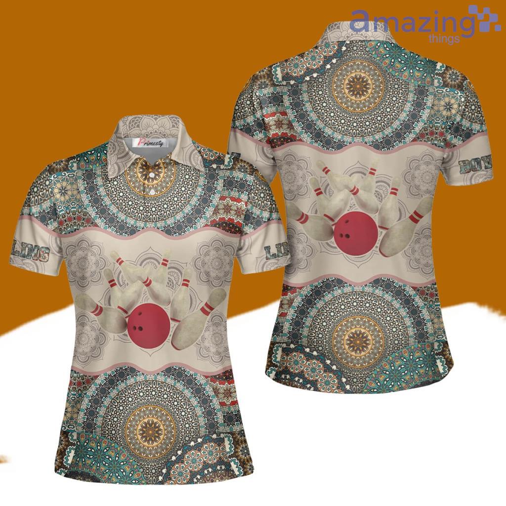 Strike Retro Mandala Pattern Custom Name Bowling Polo Shirts For Women image Strike Retro Mandala Pattern Custom Name Bowling Polo Shirts For Women Product Photo 1