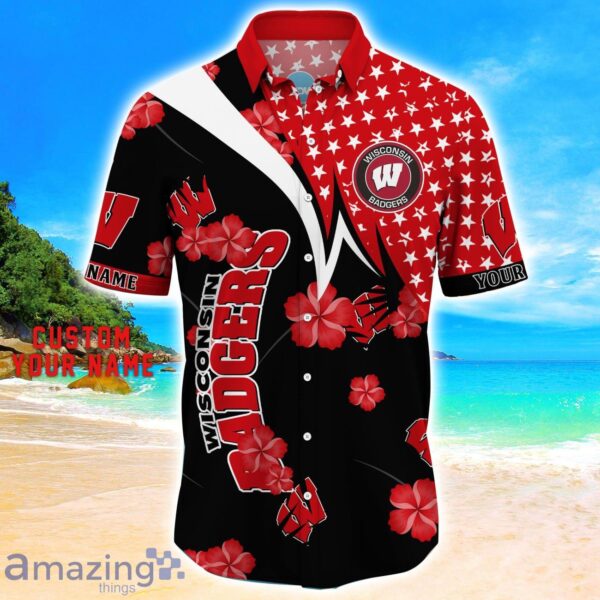 Wisconsin Badgers Star Tropical Flower 3D Printed Hawaiian Shirt Personalized Name Product Photo 2