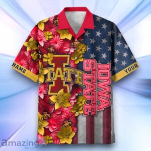 Iowa State Cyclones Hawaiian Shirt Flower 3D USA Flag 4th July Independence Day Custom Name Product Photo 2