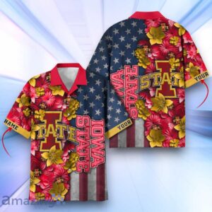 Iowa State Cyclones Hawaiian Shirt Flower 3D USA Flag 4th July Independence Day Custom Name Product Photo 1