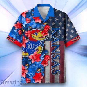 Kansas Jayhawks Hawaiian Shirt Flower 3D USA Flag 4th July Independence Day Custom Name image Kansas Jayhawks Hawaiian Shirt Flower 3D USA Flag 4th July Independence Day Custom Name Product Photo 2