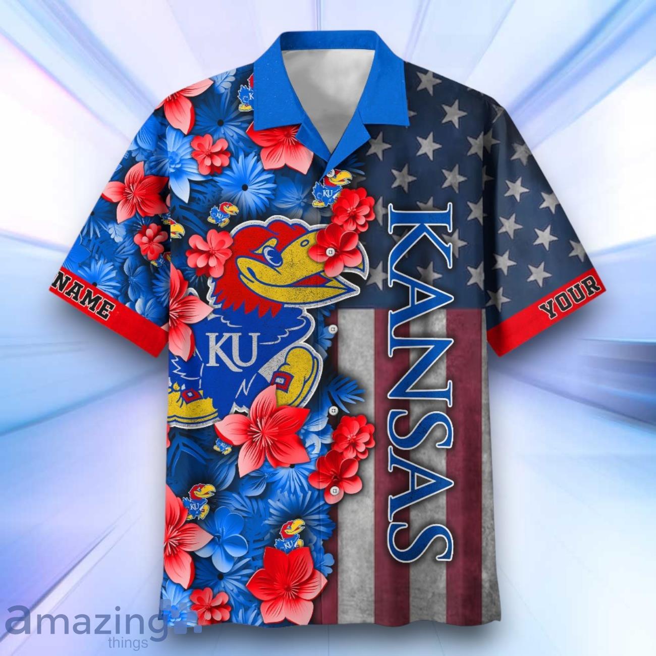 Kansas Jayhawks Hawaiian Shirt Flower 3D USA Flag 4th July Independence Day Custom Name image Kansas Jayhawks Hawaiian Shirt Flower 3D USA Flag 4th July Independence Day Custom Name Product Photo 2
