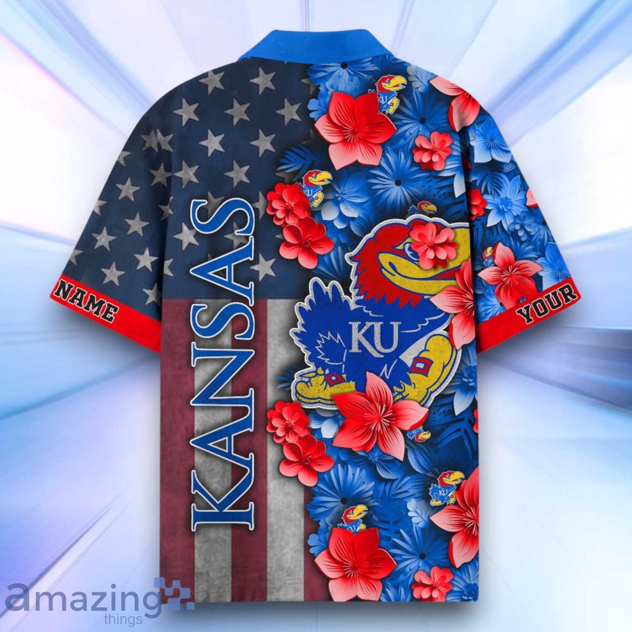 Kansas Jayhawks Hawaiian Shirt Flower 3D USA Flag 4th July Independence Day Custom Name image Kansas Jayhawks Hawaiian Shirt Flower 3D USA Flag 4th July Independence Day Custom Name Product Photo 3