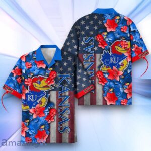 Kansas Jayhawks Hawaiian Shirt Flower 3D USA Flag 4th July Independence Day Custom Name Product Photo 1