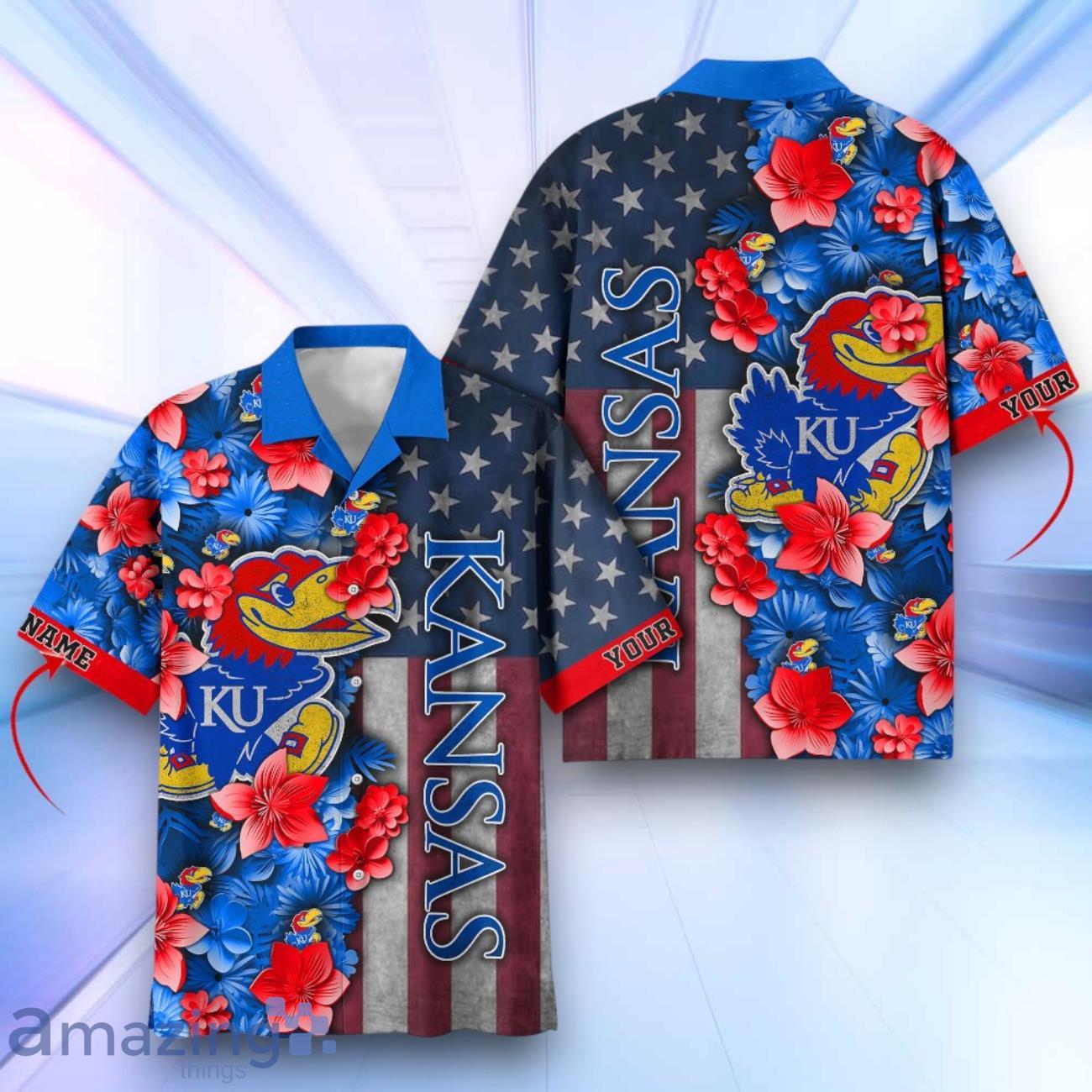Kansas Jayhawks Hawaiian Shirt Flower 3D USA Flag 4th July Independence Day Custom Name image Kansas Jayhawks Hawaiian Shirt Flower 3D USA Flag 4th July Independence Day Custom Name Product Photo 1