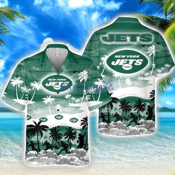 New York Jets Big Logo Waves Pattern Tropical NFL Hawaiian Shirt Product Photo 1