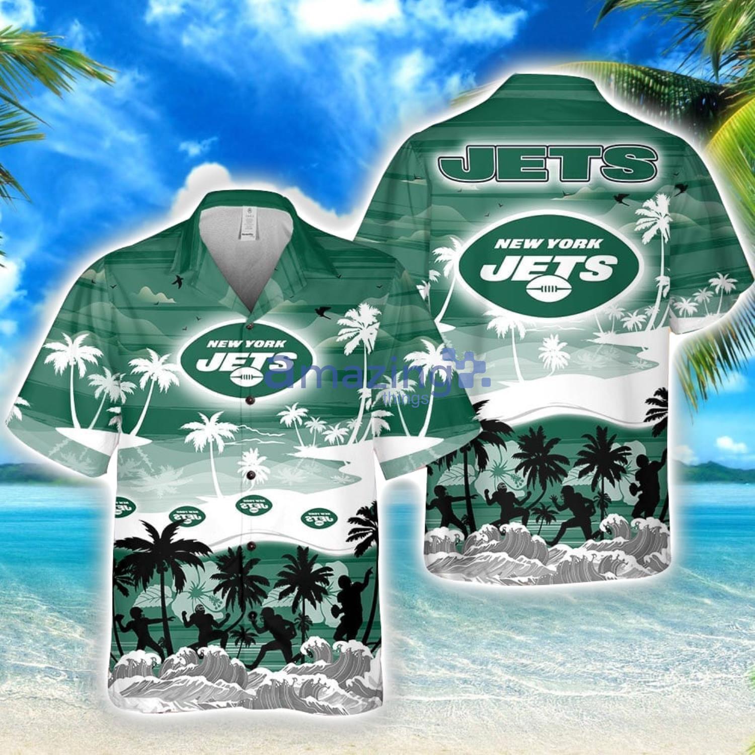 New York Jets Big Logo Waves Pattern Tropical NFL Hawaiian Shirt image New York Jets Big Logo Waves Pattern Tropical NFL Hawaiian Shirt Product Photo 1