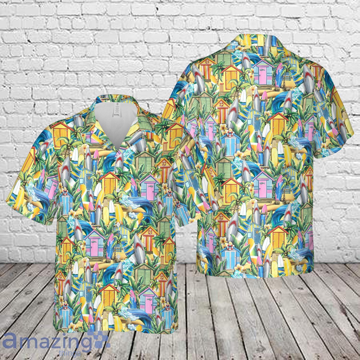Surfboards Wooden Beach Houses Tropical Plants And Flowers Hawaiian Shirt image Surfboards Wooden Beach Houses Tropical Plants And Flowers Hawaiian Shirt Product Photo 1