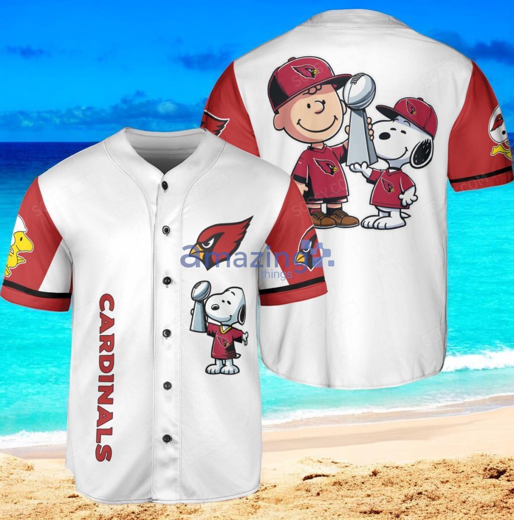 Arizona Cardinals Peanut Snoopy Baseball Jersey Shirt White Vintage style image Arizona Cardinals Peanut Snoopy Baseball Jersey Shirt White Vintage style Product Photo 1