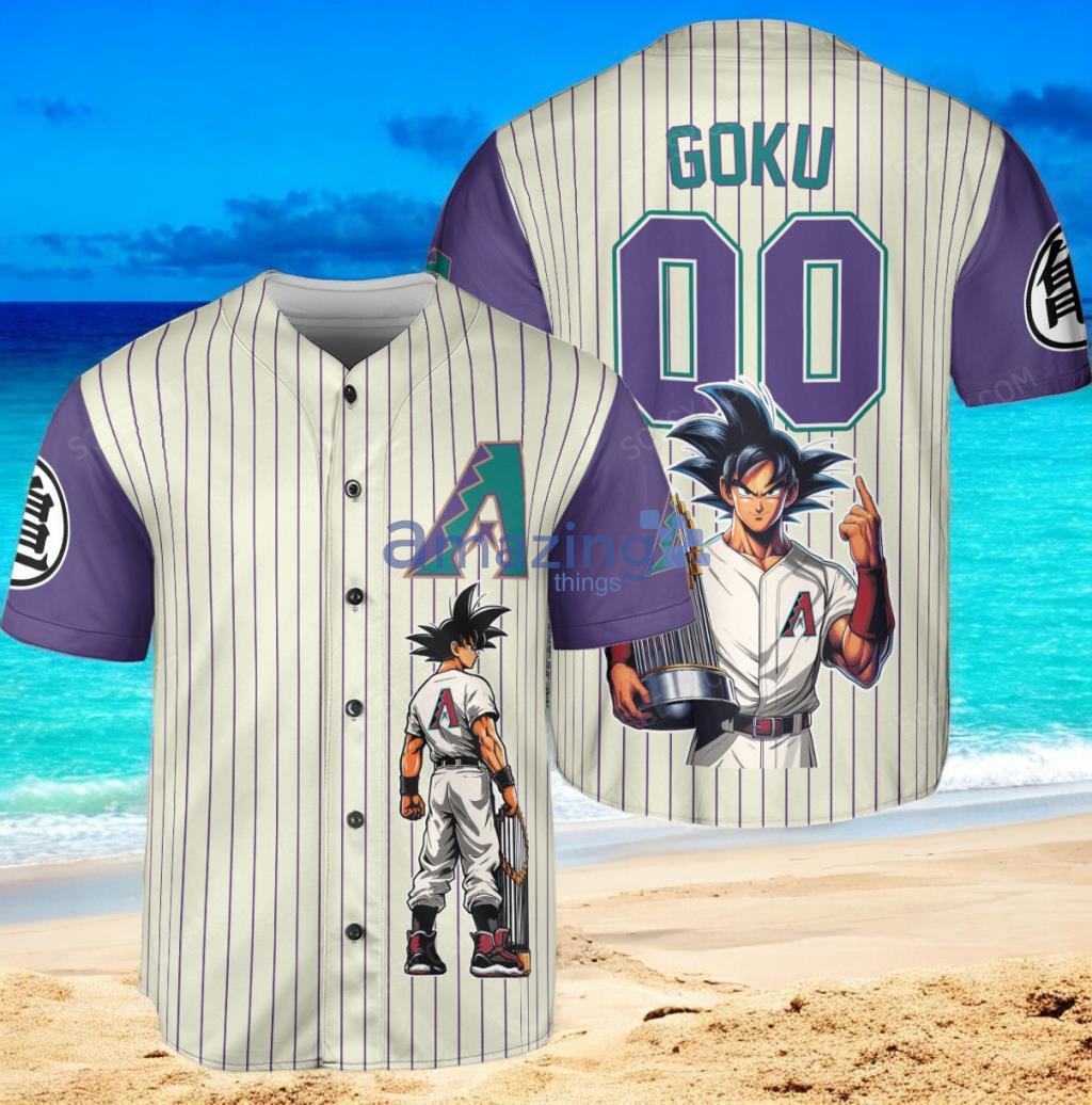 Arizona Diamondbacks Dragon Ball Son Goku Baseball Jersey Shirt White Purple Vintage style image Arizona Diamondbacks Dragon Ball Son Goku Baseball Jersey Shirt White Purple Vintage style Product Photo 1