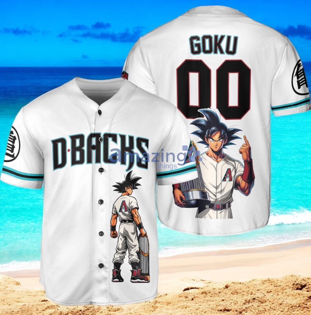 Arizona Diamondbacks Dragon Ball Son Goku Baseball Jersey Shirt White Vintage style image Arizona Diamondbacks Dragon Ball Son Goku Baseball Jersey Shirt White Vintage style Product Photo 1