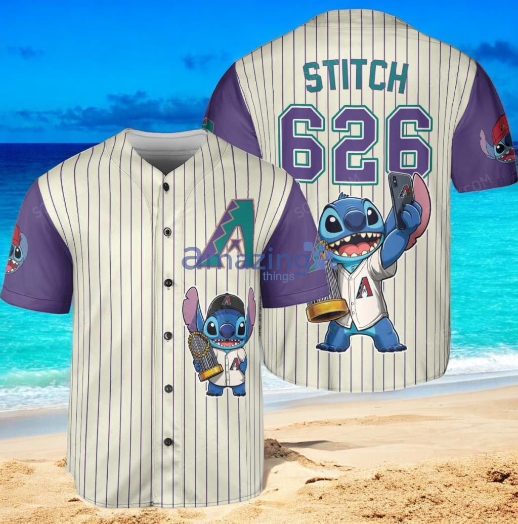 Arizona Diamondbacks Lilo And Stitch Baseball Jersey Shirt White Purple Vintage style image Arizona Diamondbacks Lilo And Stitch Baseball Jersey Shirt White Purple Vintage style Product Photo 1
