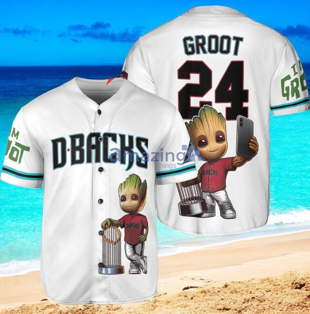 Arizona Diamondbacks x Baby Groot Marvel Guardians Of The Galaxy with Trophy Custom Baseball Jersey Shirt White image Arizona Diamondbacks x Baby Groot Marvel Guardians Of The Galaxy with Trophy Custom Baseball Jersey Shirt White Product Photo 1