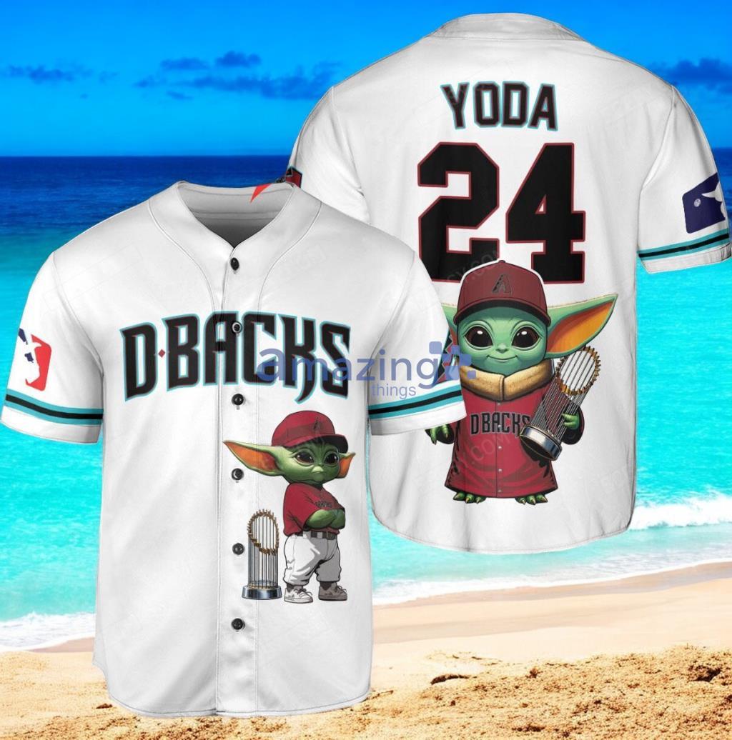 Arizona Diamondbacks x Baby Yoda Star Wars The Mandalorian with Trophy Custom Baseball Jersey Shirt White image Arizona Diamondbacks x Baby Yoda Star Wars The Mandalorian with Trophy Custom Baseball Jersey Shirt White Product Photo 1