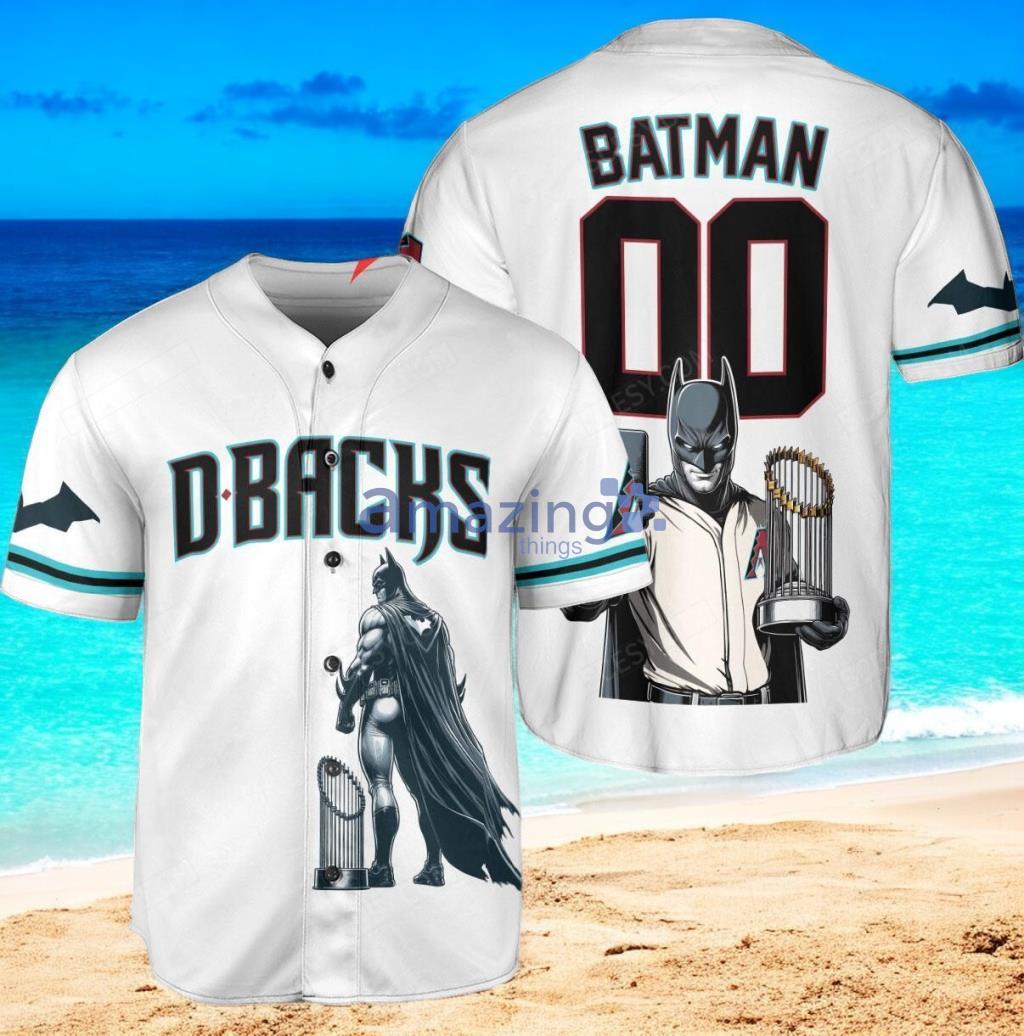 Arizona Diamondbacks x DC Comics Batman The Dark Knight with Trophy Custom Baseball Jersey Shirt White image Arizona Diamondbacks x DC Comics Batman The Dark Knight with Trophy Custom Baseball Jersey Shirt White Product Photo 1