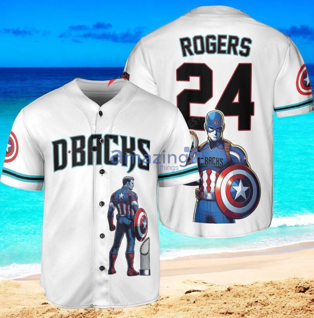 Arizona Diamondbacks x Marvel Captain America Steve Rogers with Trophy Custom Baseball Jersey Shirt White image Arizona Diamondbacks x Marvel Captain America Steve Rogers with Trophy Custom Baseball Jersey Shirt White Product Photo 1