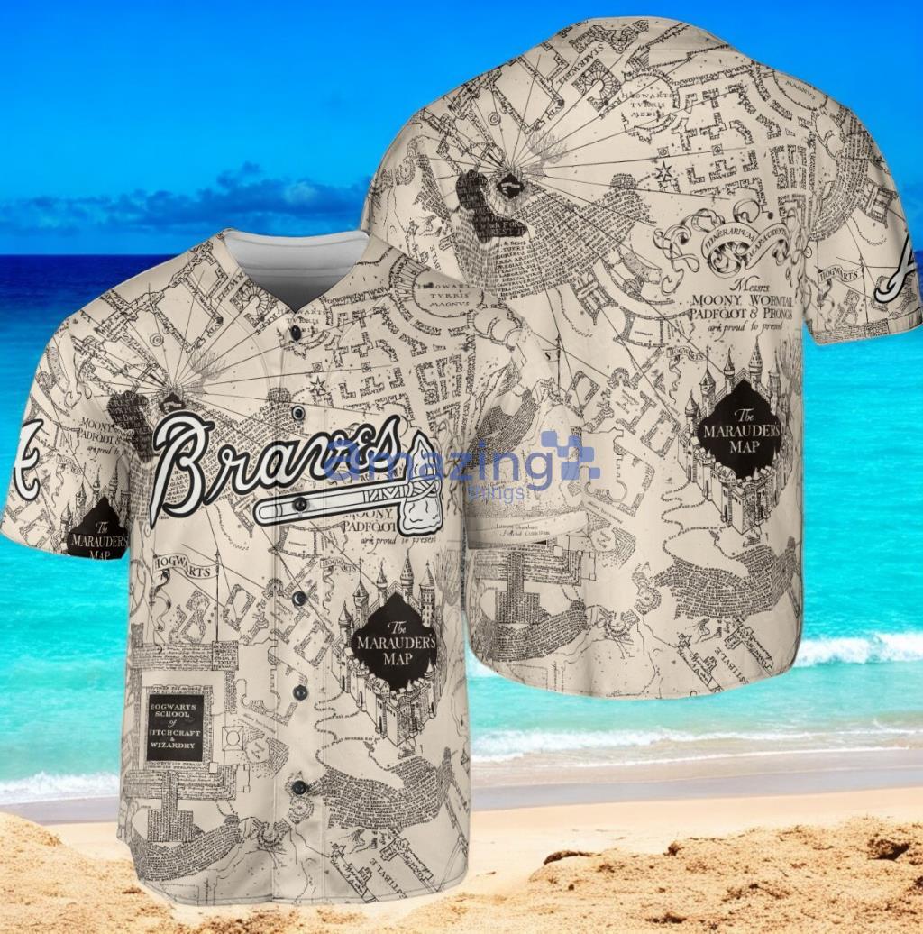 Atlanta Braves Harry Potter Marauder's Map Baseball Jersey Shirt White Vintage style image Atlanta Braves Harry Potter Marauder's Map Baseball Jersey Shirt White Vintage style