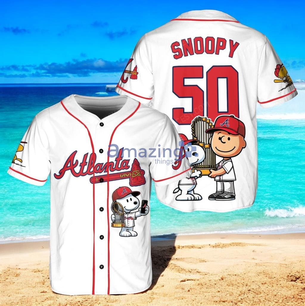 Atlanta Braves Peanut Snoopy Baseball Jersey Shirt White Vintage style image Atlanta Braves Peanut Snoopy Baseball Jersey Shirt White Vintage style Product Photo 1