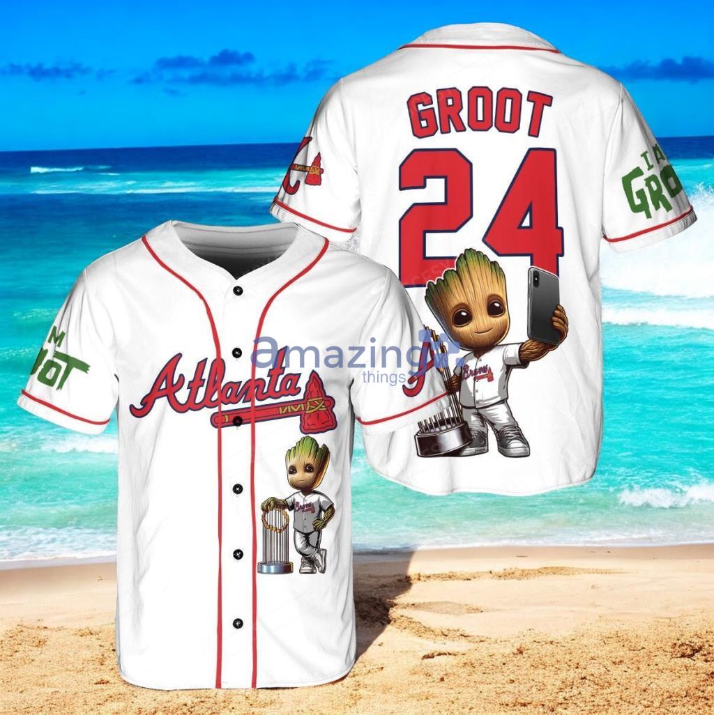 Atlanta Braves x Baby Groot Marvel Guardians Of The Galaxy with Trophy Custom Baseball Jersey Shirt White image Atlanta Braves x Baby Groot Marvel Guardians Of The Galaxy with Trophy Custom Baseball Jersey Shirt White Product Photo 1