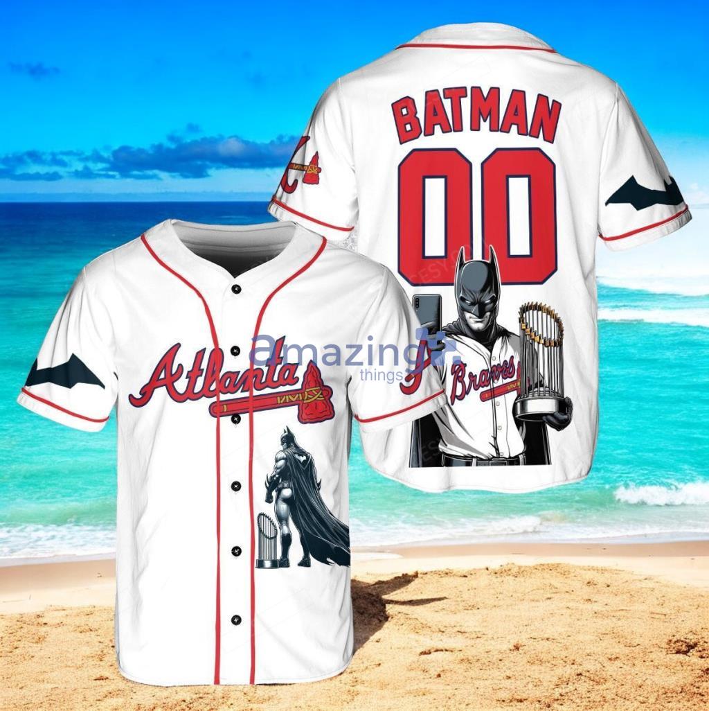 Atlanta Braves x DC Comics Batman The Dark Knight with Trophy Custom Baseball Jersey Shirt White image Atlanta Braves x DC Comics Batman The Dark Knight with Trophy Custom Baseball Jersey Shirt White Product Photo 1