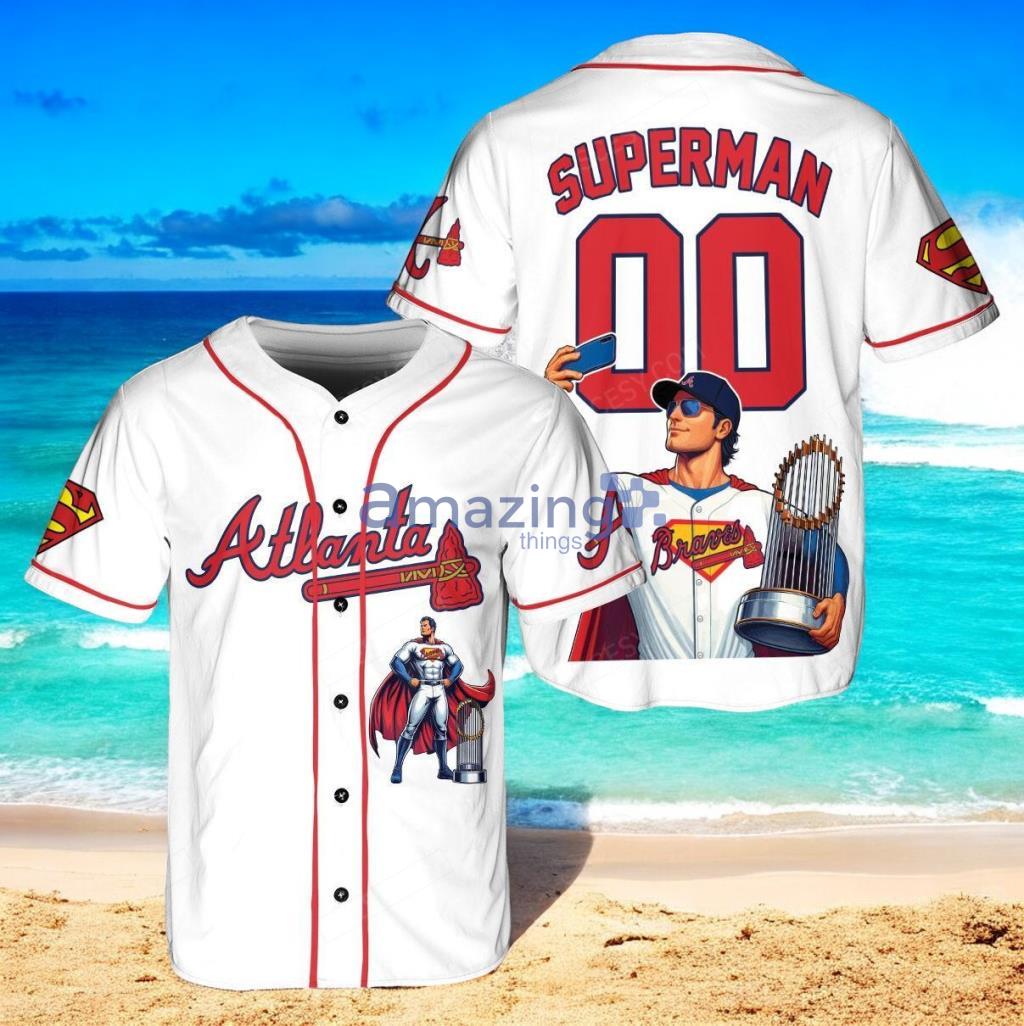 Atlanta Braves x Superman DC Comics with Trophy Custom Baseball Jersey Shirt White image Atlanta Braves x Superman DC Comics with Trophy Custom Baseball Jersey Shirt White Product Photo 1