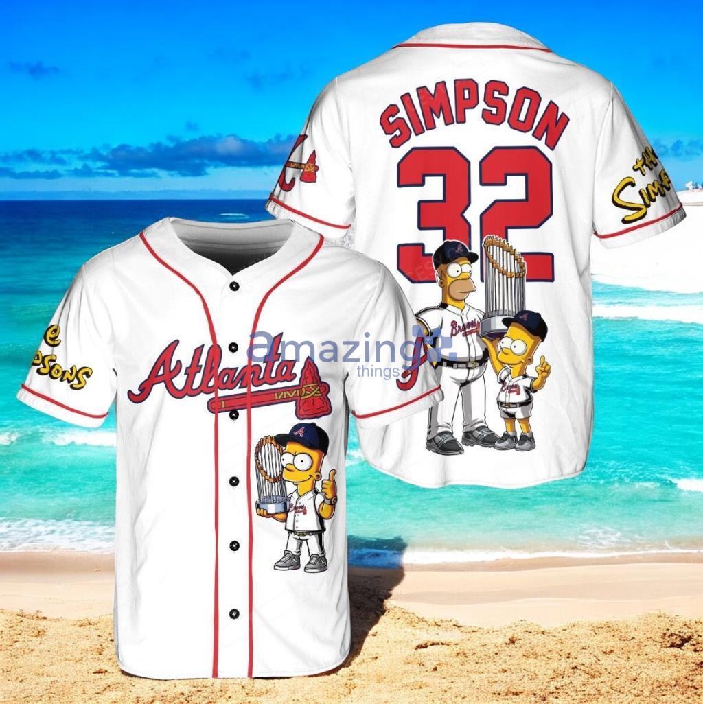 Atlanta Braves x The Simpsons Bart Simpson, Homer Simpson, Lisa Simpson with Trophy Custom Baseball Jersey Shirt White image Atlanta Braves x The Simpsons Bart Simpson, Homer Simpson, Lisa Simpson with Trophy Custom Baseball Jersey Shirt White Product Photo 1
