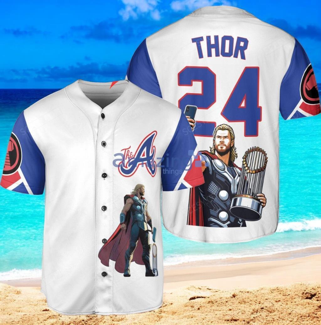 Atlanta Braves x Thor Marvel with Trophy Custom Baseball Jersey Shirt White new trend image Atlanta Braves x Thor Marvel with Trophy Custom Baseball Jersey Shirt White new trend Product Photo 1