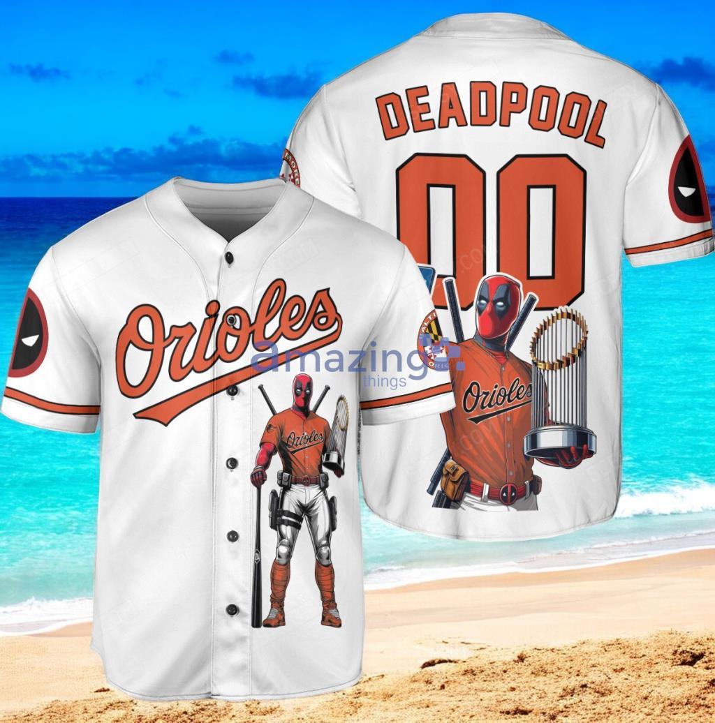 Baltimore Orioles Deadpool Baseball Jersey Shirt White Vintage style image Baltimore Orioles Deadpool Baseball Jersey Shirt White Vintage style Product Photo 1
