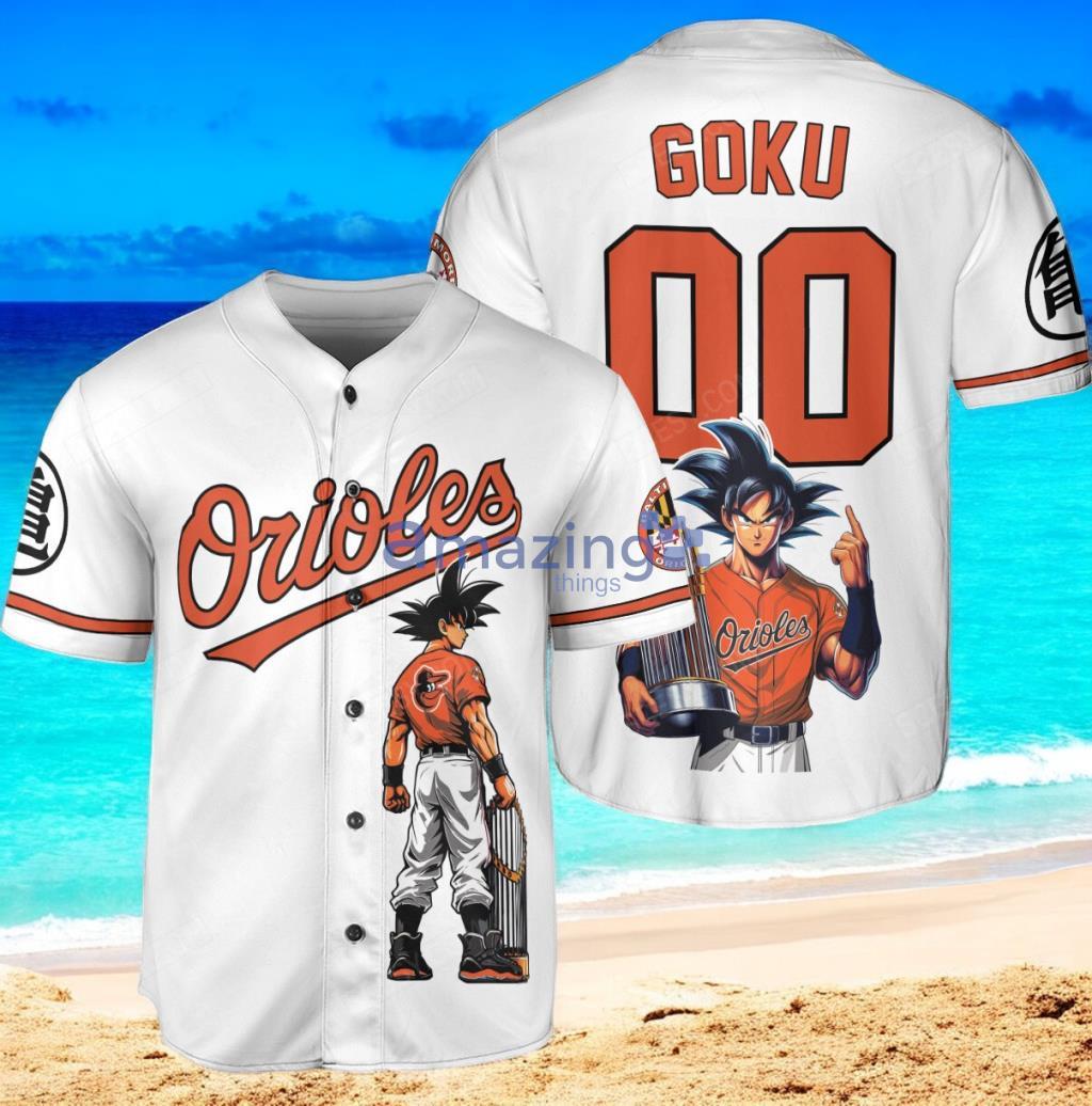 Baltimore Orioles Dragon Ball Son Goku Baseball Jersey Shirt White Vintage style image Baltimore Orioles Dragon Ball Son Goku Baseball Jersey Shirt White Vintage style Product Photo 1