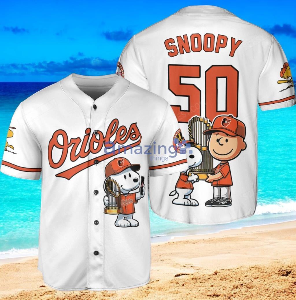 Baltimore Orioles Peanut Snoopy Baseball Jersey Shirt White Vintage style image Baltimore Orioles Peanut Snoopy Baseball Jersey Shirt White Vintage style Product Photo 1
