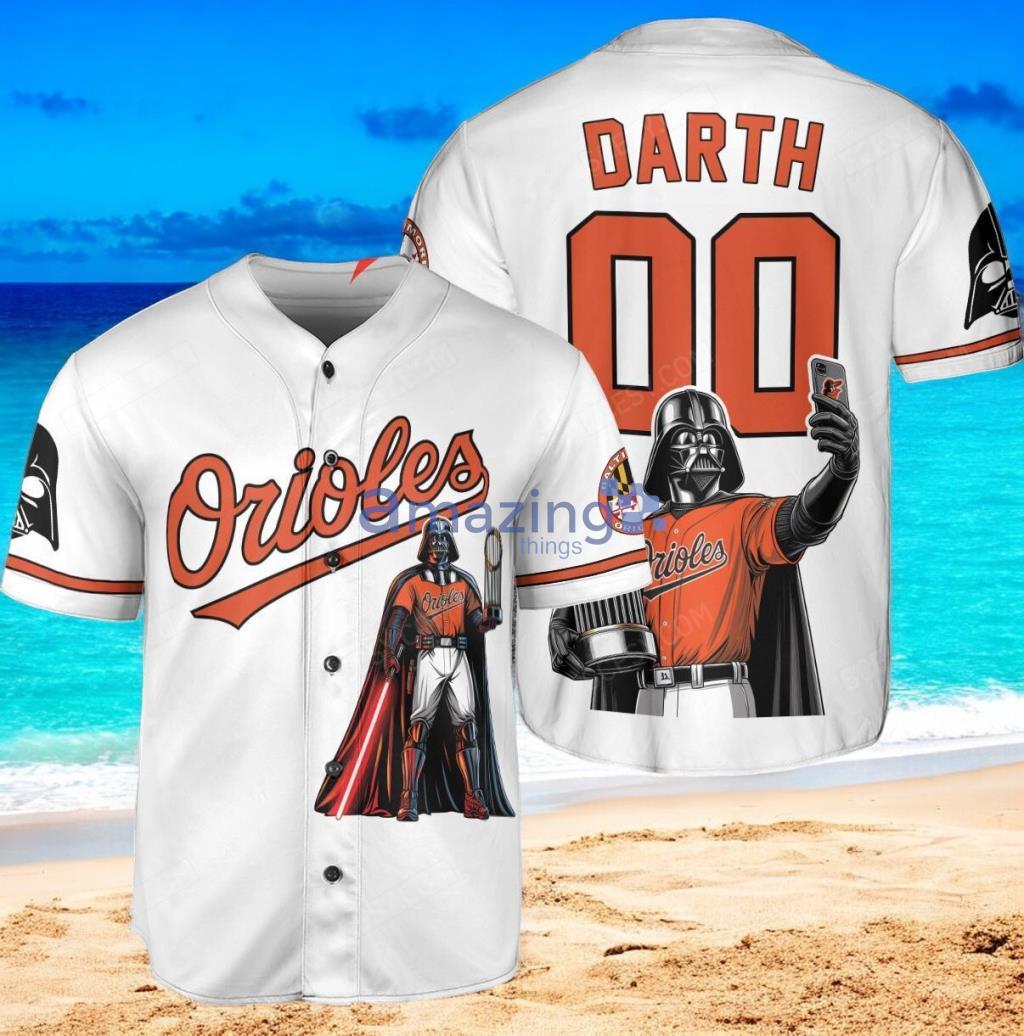 Baltimore Orioles x Darth Vader Star Wars with Trophy Custom Baseball Jersey Shirt White image Baltimore Orioles x Darth Vader Star Wars with Trophy Custom Baseball Jersey Shirt White Product Photo 1