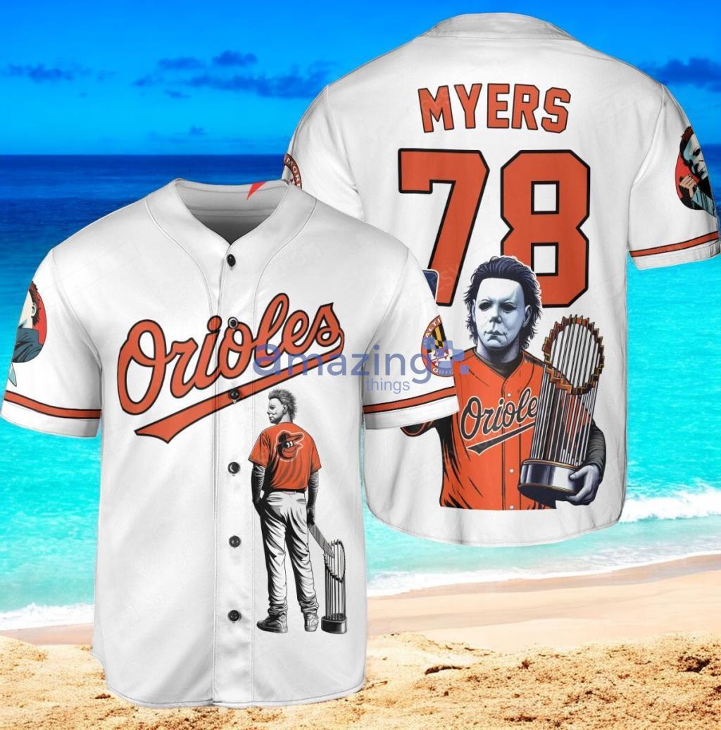 Baltimore Orioles x Halloween Michael Myers with Trophy Custom Baseball Jersey Shirt White image Baltimore Orioles x Halloween Michael Myers with Trophy Custom Baseball Jersey Shirt White Product Photo 1