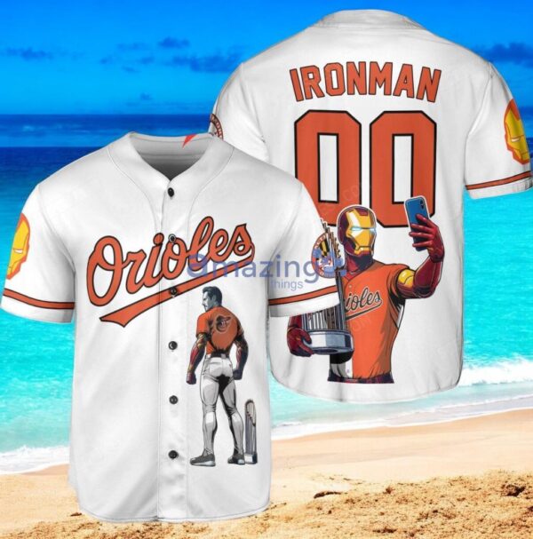 Baltimore Orioles x Marvel Iron Man Tony Stark with Trophy Custom Baseball Jersey Shirt White Product Photo 1