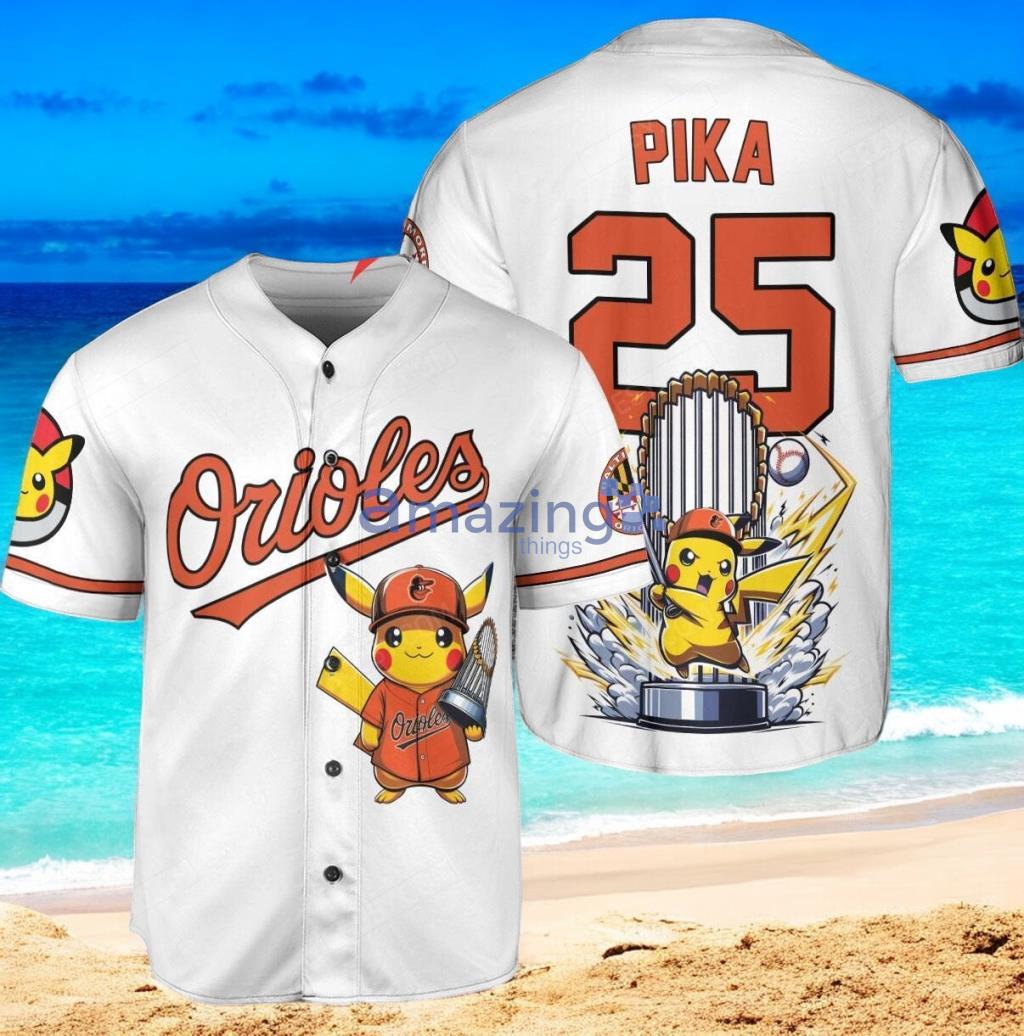 Baltimore Orioles x Pikachu Pokemon with Trophy Custom Baseball Jersey Shirt White image Baltimore Orioles x Pikachu Pokemon with Trophy Custom Baseball Jersey Shirt White Product Photo 1