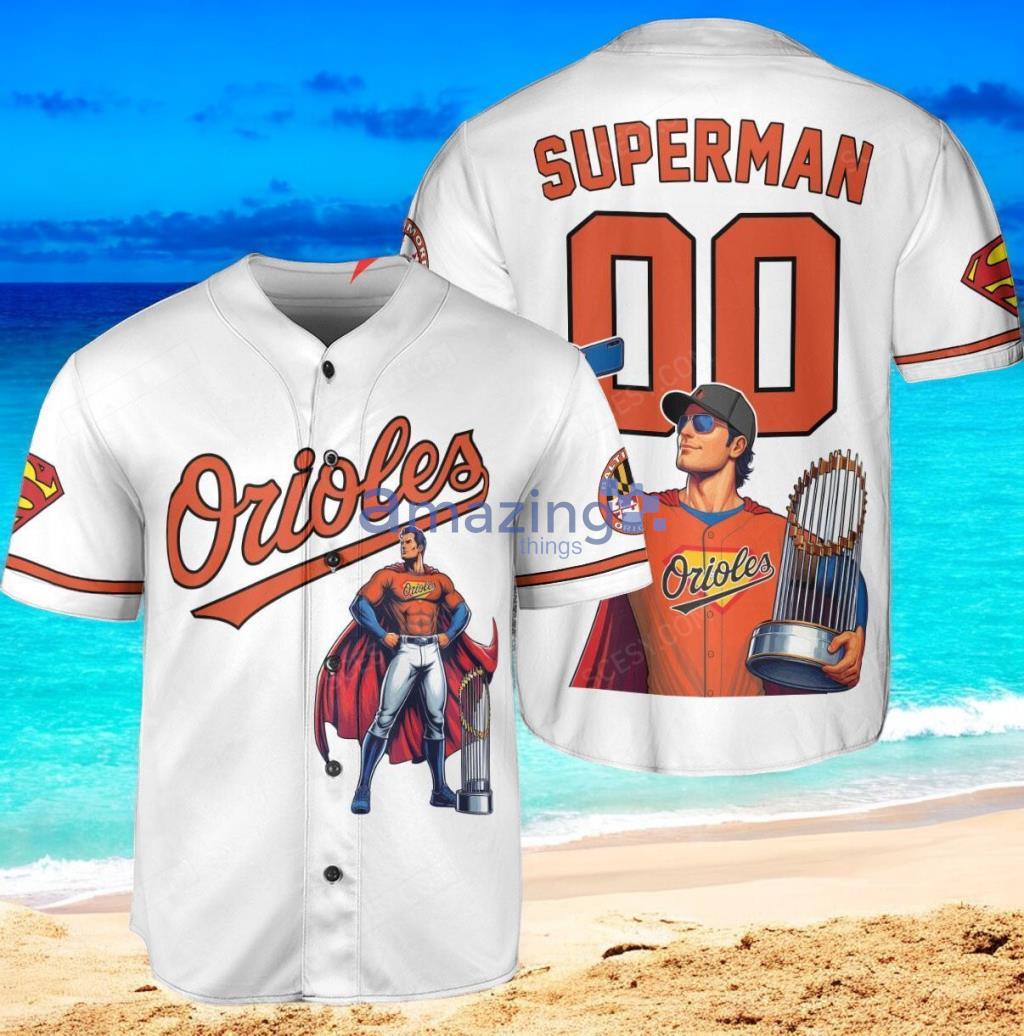 Baltimore Orioles x Superman DC Comics with Trophy Custom Baseball Jersey Shirt White image Baltimore Orioles x Superman DC Comics with Trophy Custom Baseball Jersey Shirt White Product Photo 1