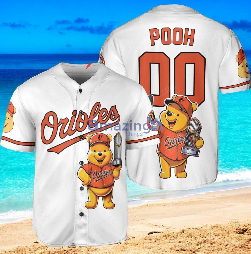 Baltimore Orioles x Winnie the Pooh with Trophy Custom Baseball Jersey Shirt White image Baltimore Orioles x Winnie the Pooh with Trophy Custom Baseball Jersey Shirt White Product Photo 1